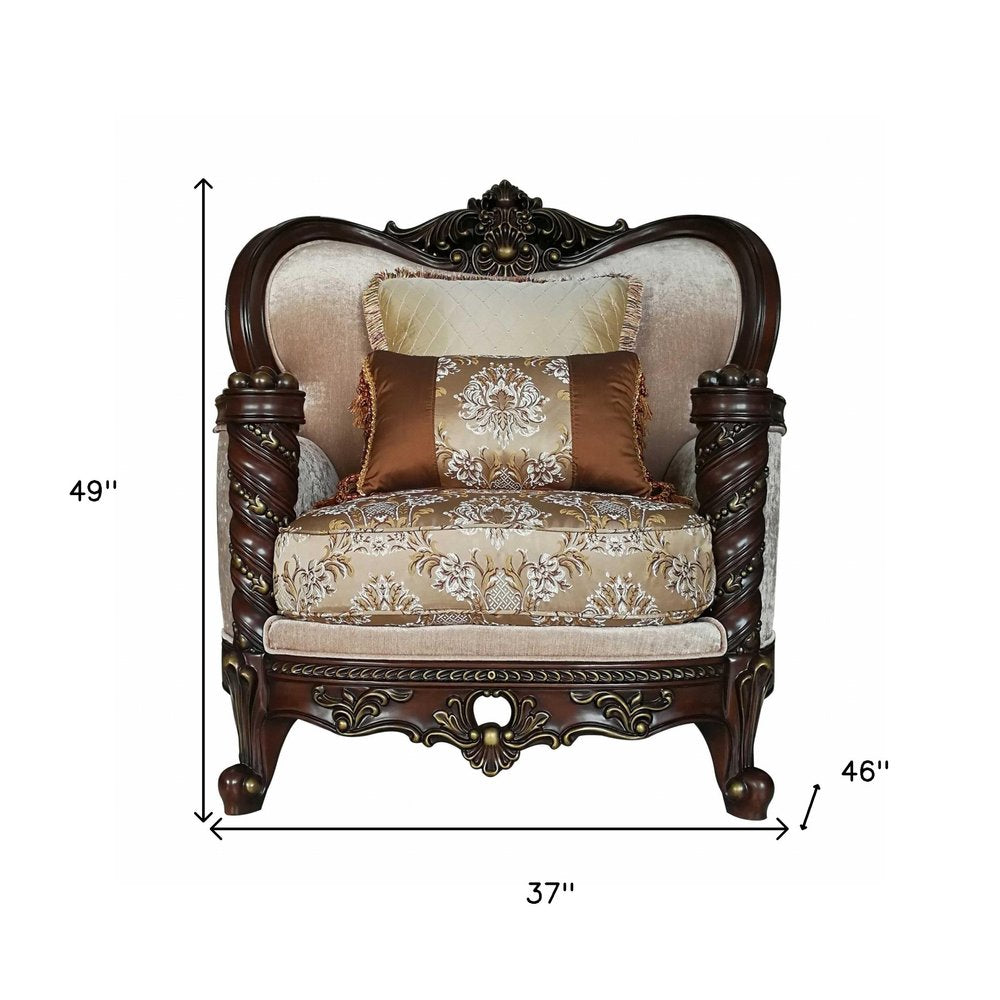 37" Beige and Brown Fabric Floral Club Chair And Toss Pillows