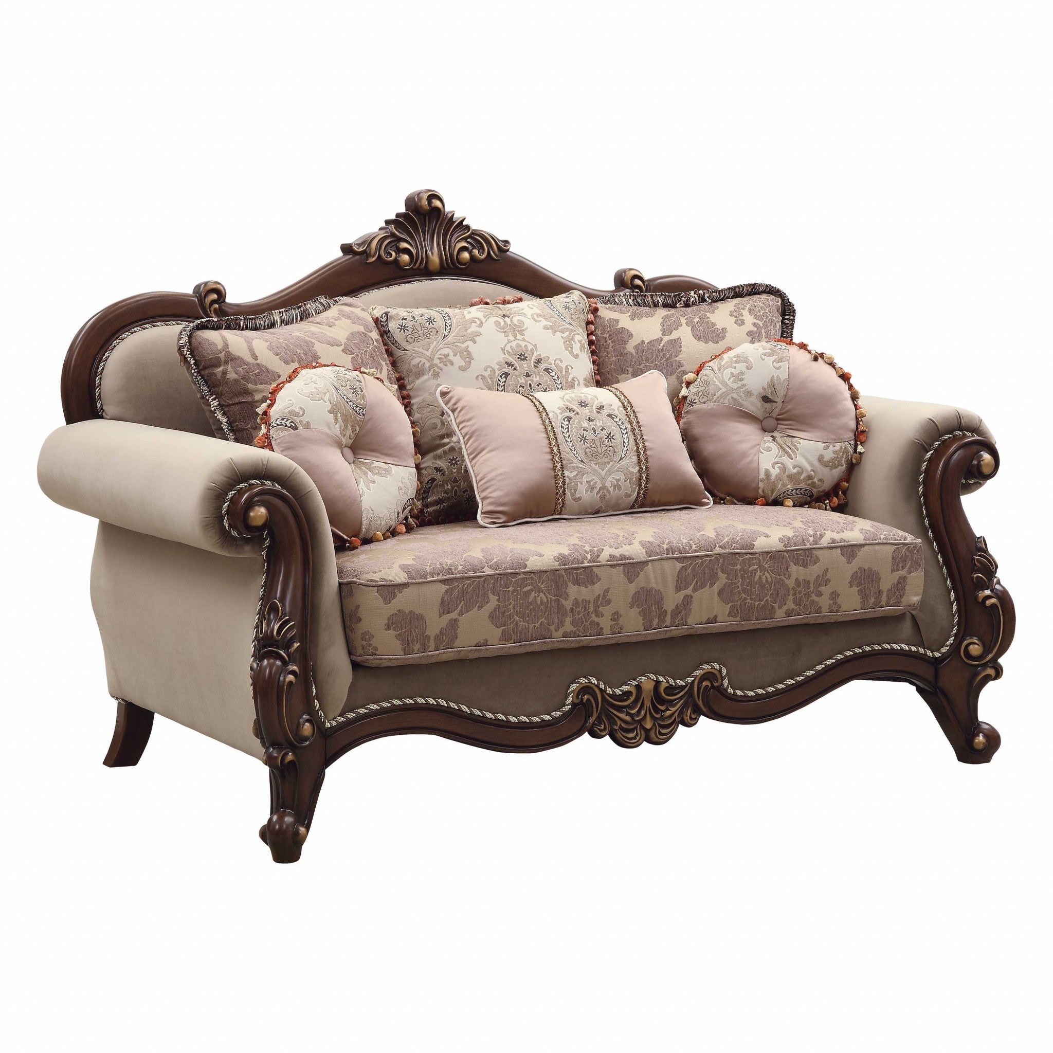 69" Beige and Gold And Brown Loveseat and Toss Pillows