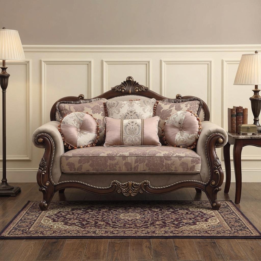 69" Beige and Gold And Brown Velvet Paisley Loveseat and Toss Pillows