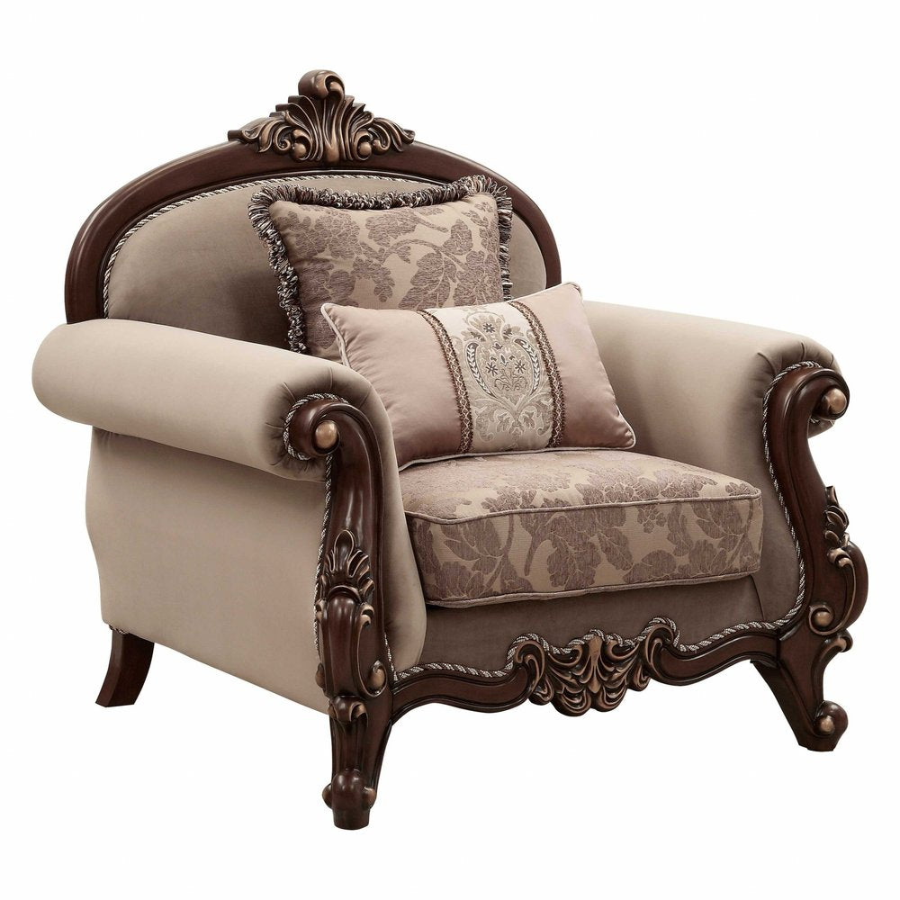 38" Beige and Brown Velvet Floral Arm Chair And Toss Pillows