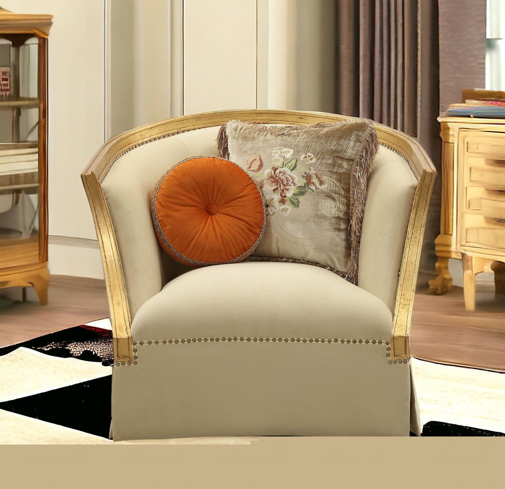41" Tan and Gold Distressed Club Chair And Toss Pillows