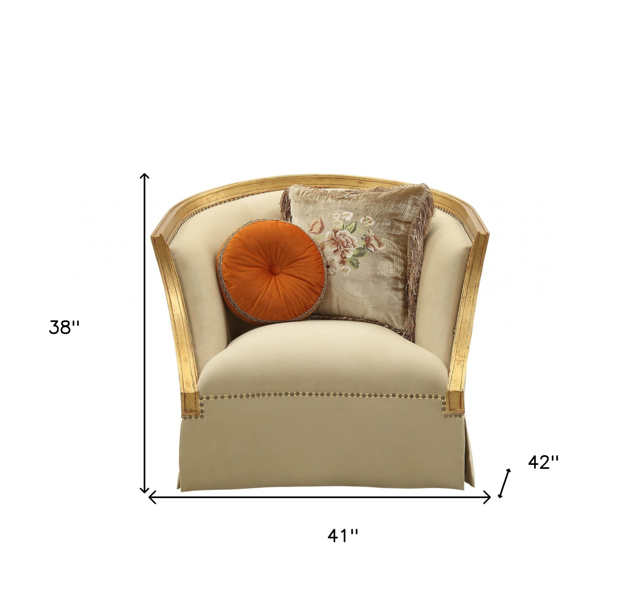 41" Tan and Gold Distressed Arm Chair and Toss Pillows