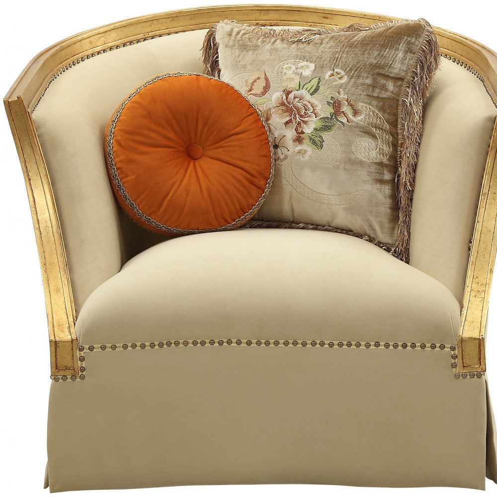 41" Tan and Gold Distressed Arm Chair and Toss Pillows