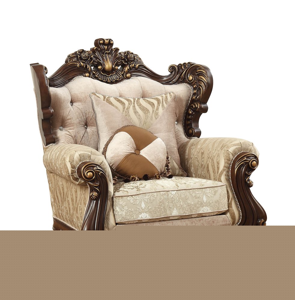36" Beige and Brown Fabric Damask Tufted Arm Chair And Toss Pillows