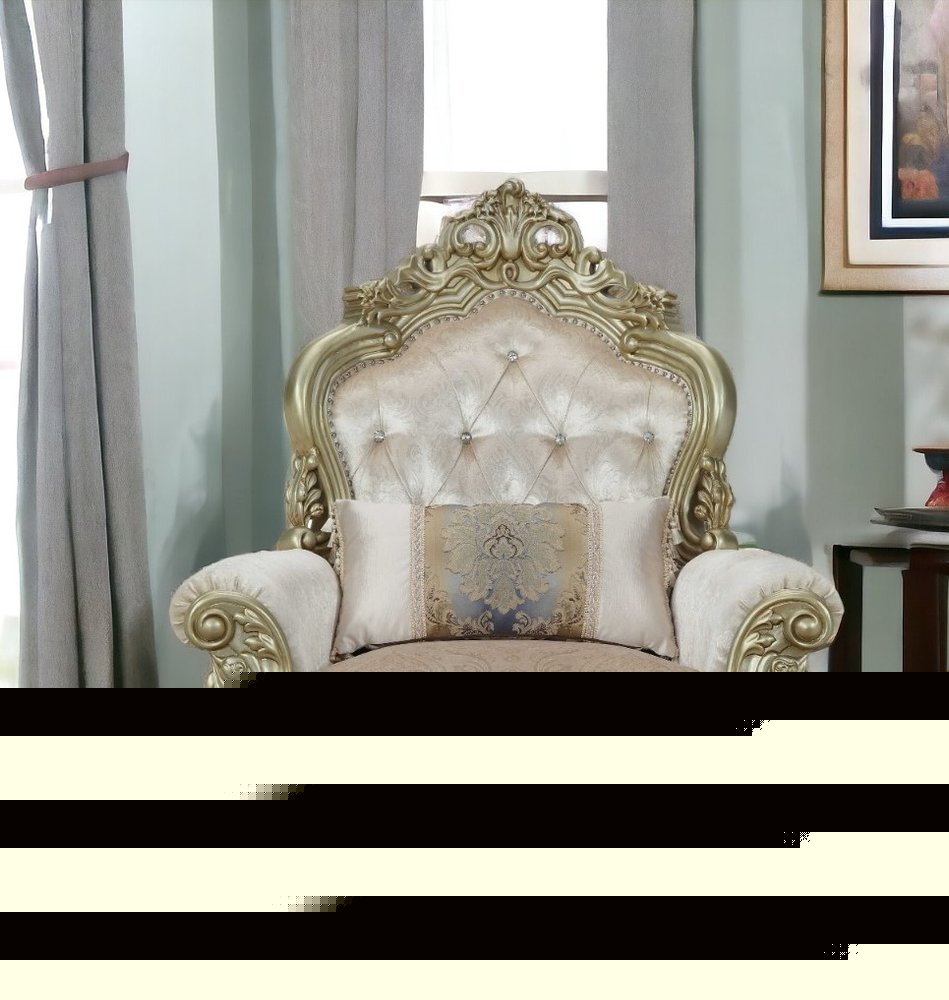 40" Cream and Antiqued White Fabric Damask Tufted Arm Chair And Toss Pillow