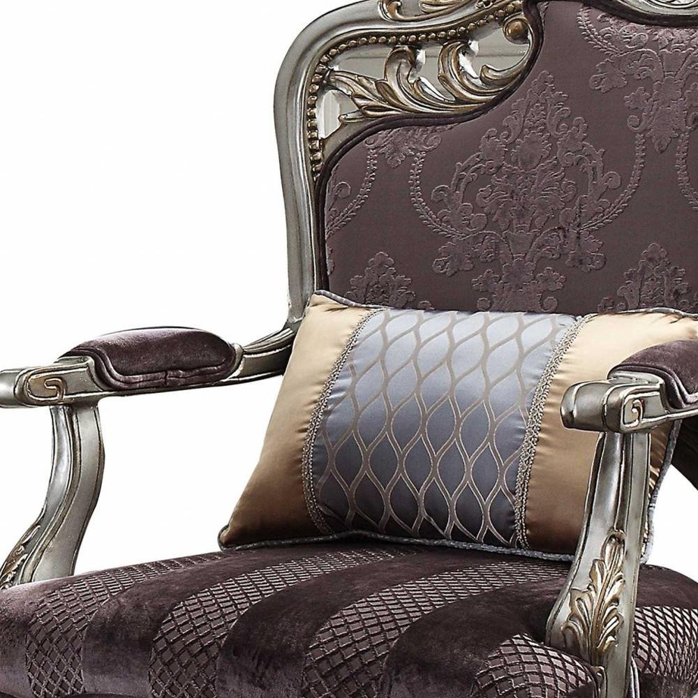 29" Purple Velvet and Wood Floral Arm Chair And Toss Pillow