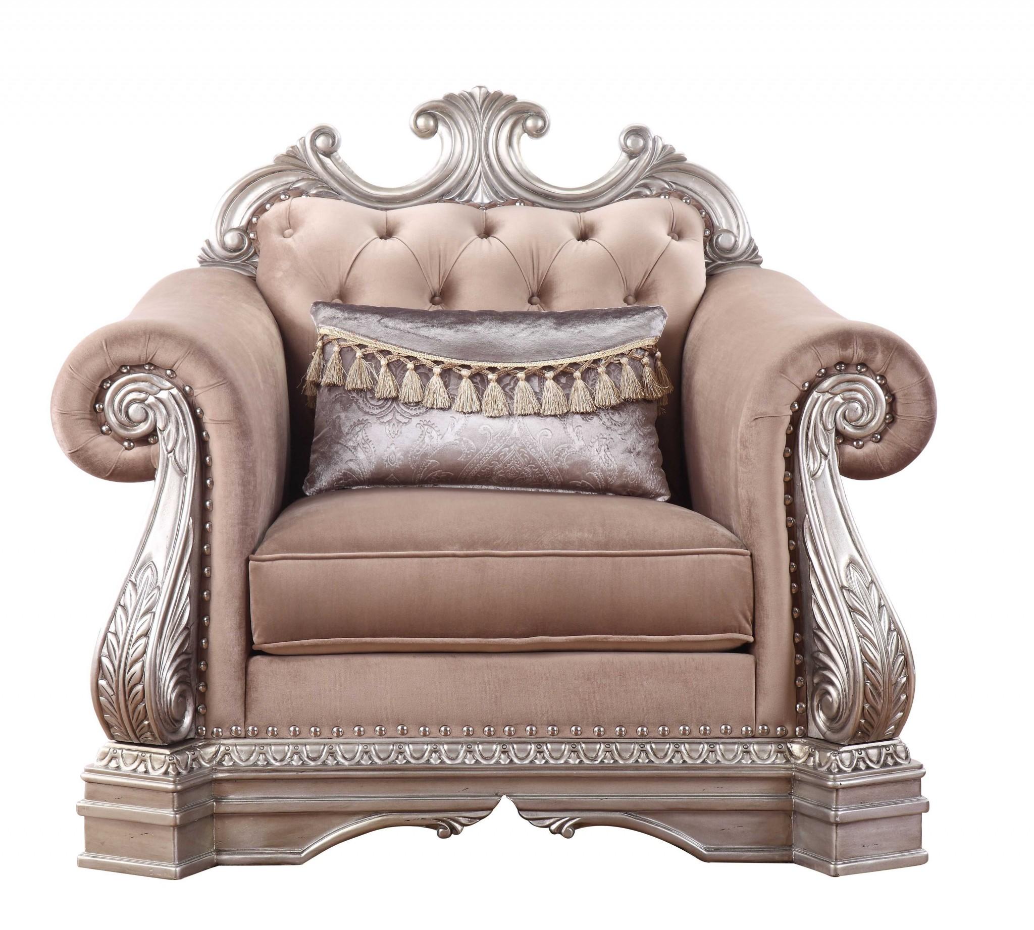 42" Cherry Blossom Pink Tufted Velvet and Wood Arm Chair And Toss Pillow