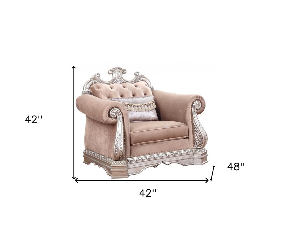 42" Cherry Blossom Pink and Silver Velvet Tufted Arm Chair And Toss Pillow