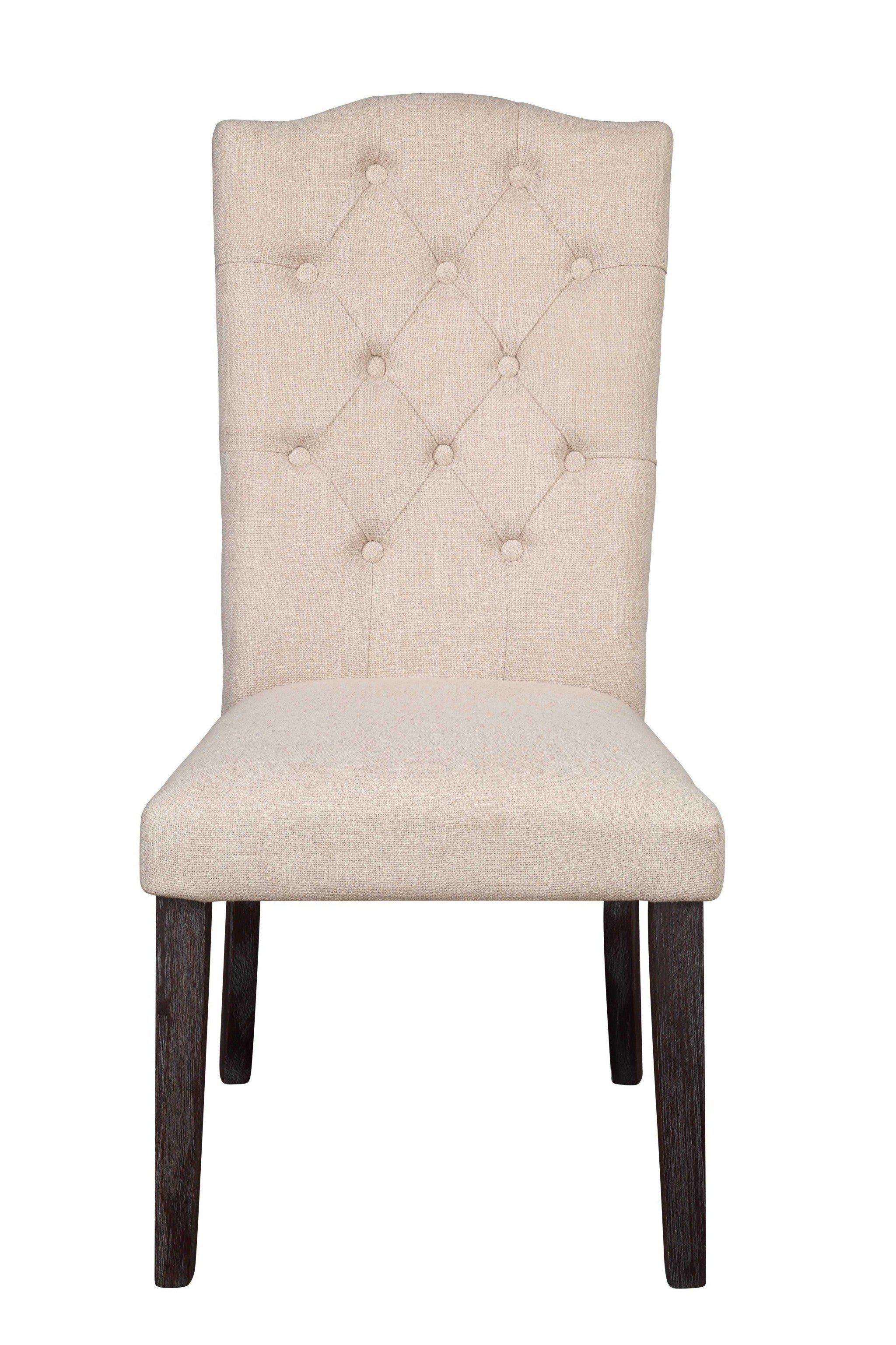Set of Two Tufted Beige and Espresso Upholstered Linen Dining Side Chairs