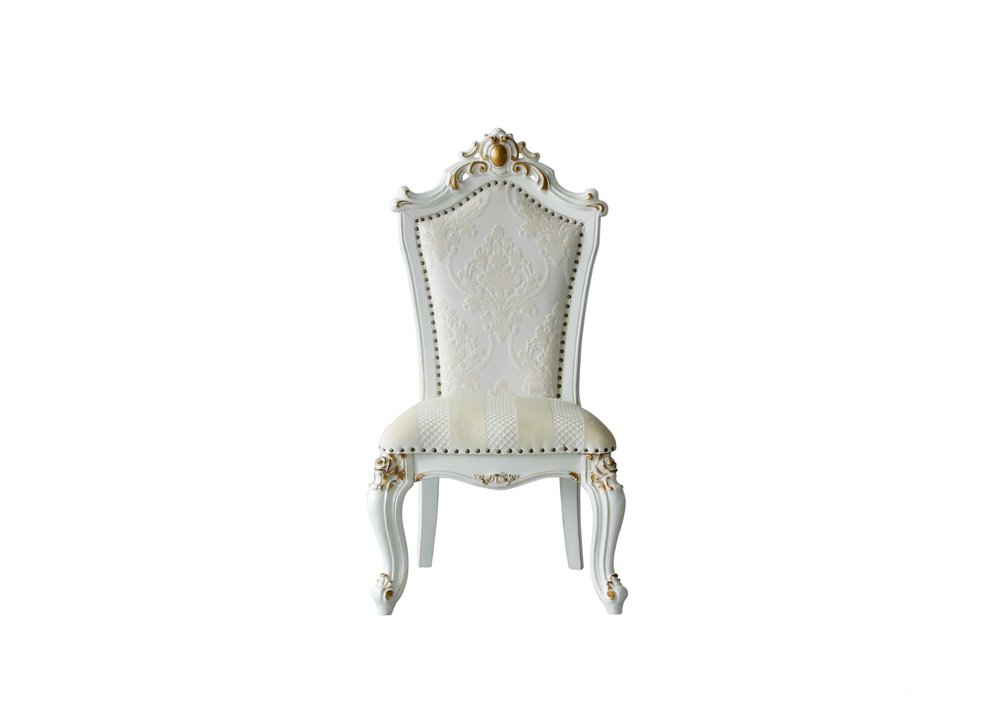 Set of Two 27" Beige and White Faux Leather Damask Side Chair