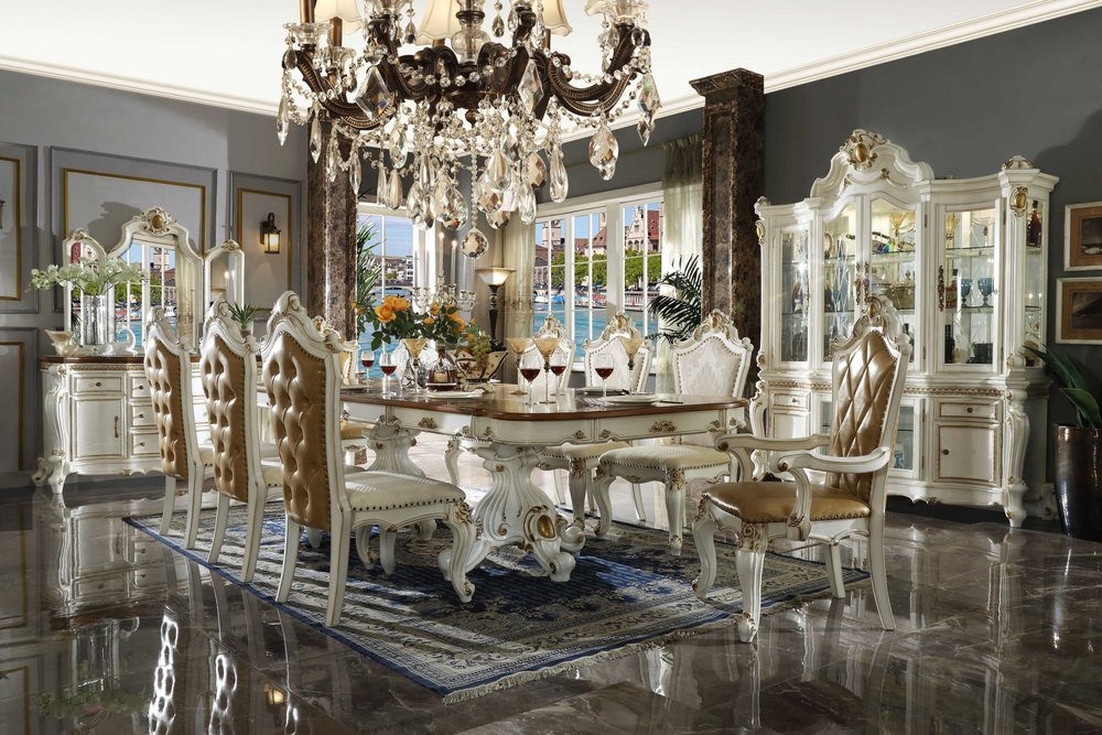 Set of Two 27" Beige and White Faux Leather Damask Side Chair