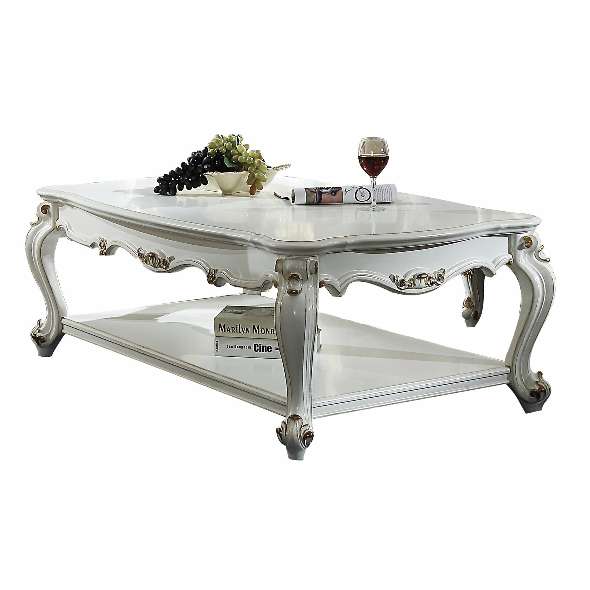 36" White Resin And Wood Coffee Table With Shelf