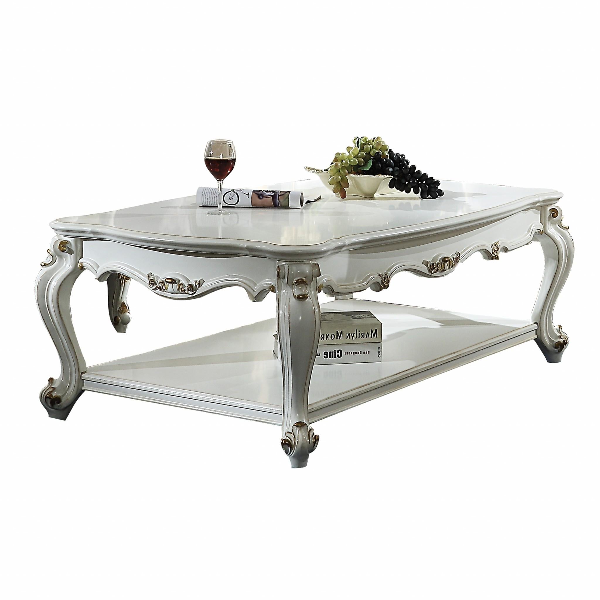 36" White Resin And Wood Coffee Table With Shelf