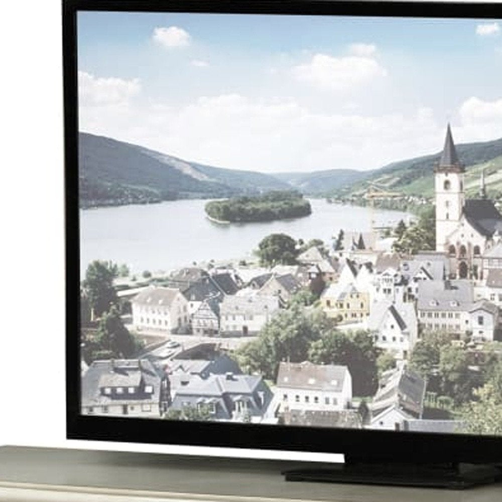 74" Off White Wood And Glass Carved Scrollwork Entertainment Center