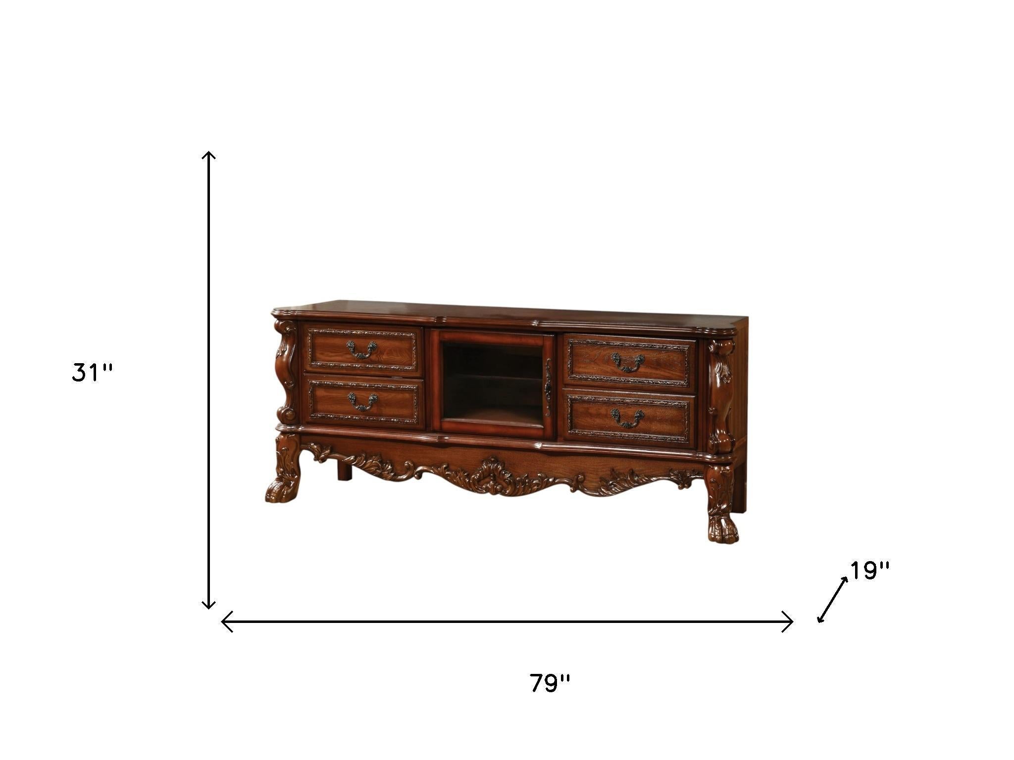 79" Brown Wood And Glass Carved Scrollwork Entertainment Center