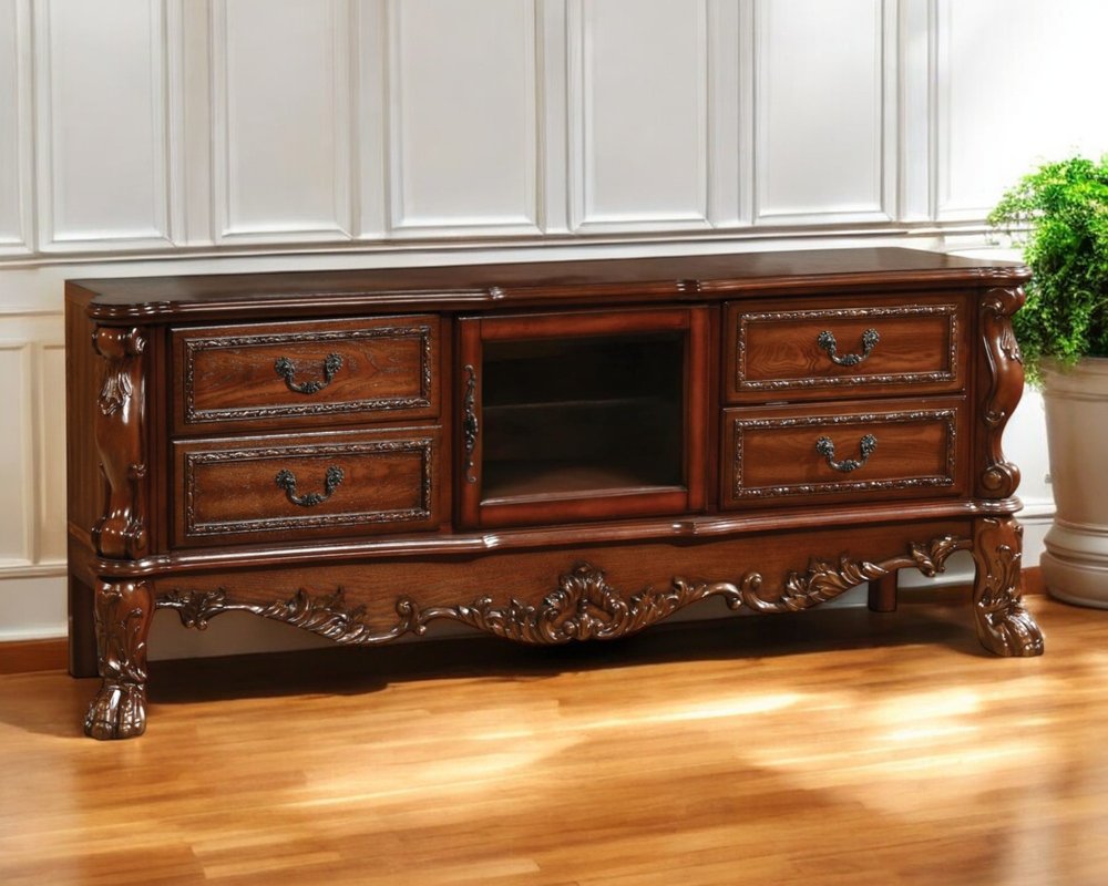 79" Brown Wood And Glass Carved Scrollwork Entertainment Center