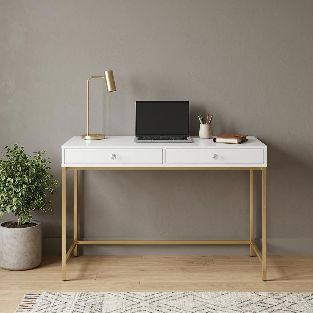 47" White and Gold Computer Desk With Two Drawers