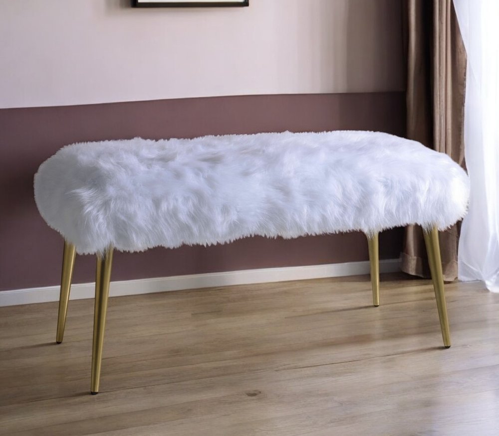 18" White and Gold Faux Fur And Metal Bench