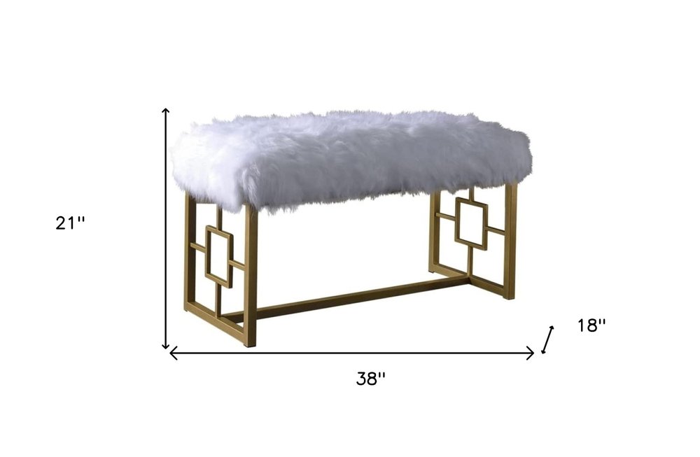18" White and Gold Faux Fur And Metal Bench