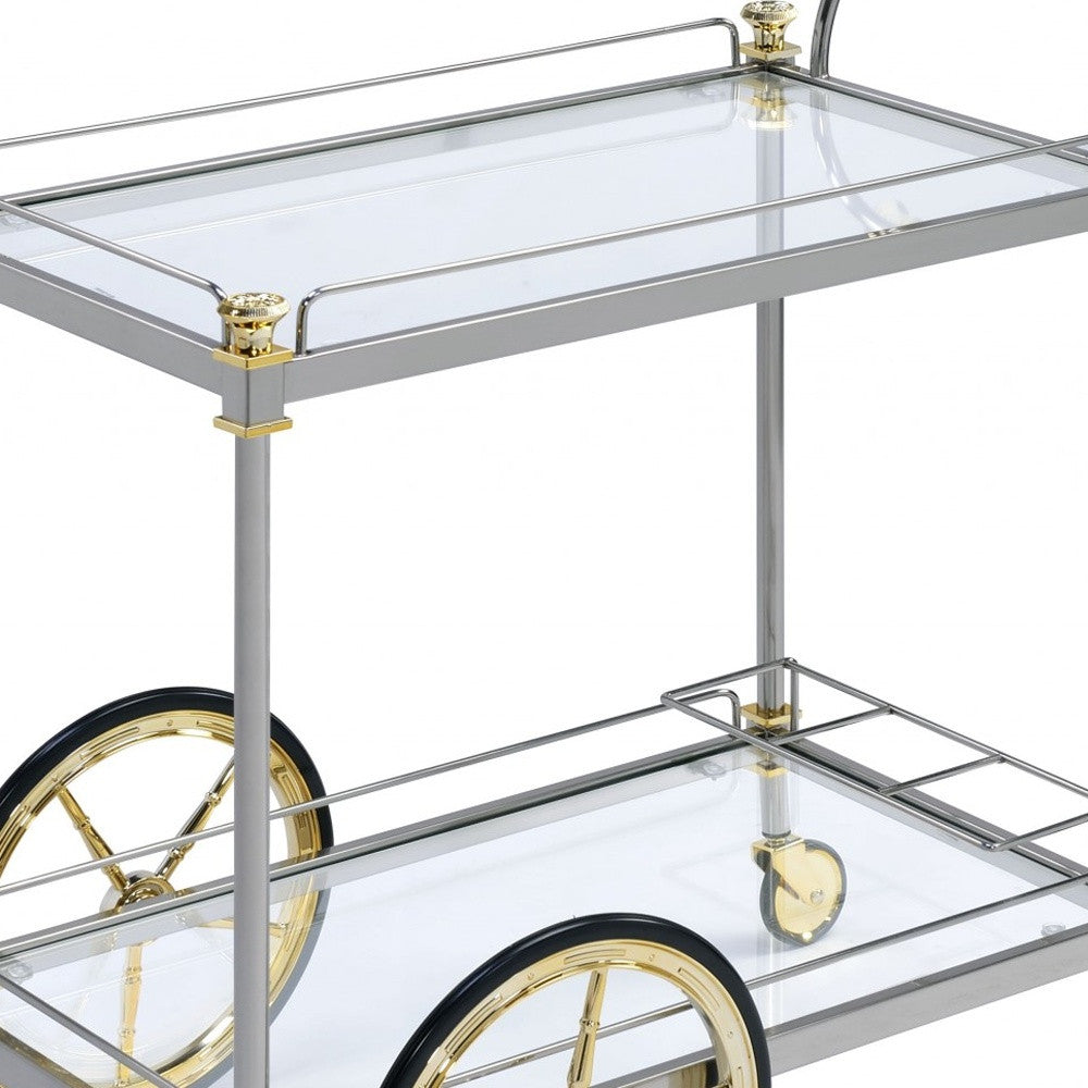 Black and Gold Iron And Glass Rolling Bar Cart With Wine Storage