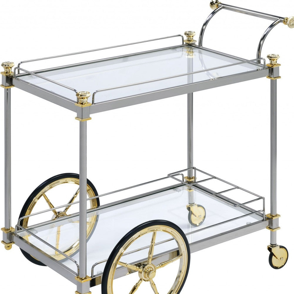 Black and Gold Iron And Glass Rolling Bar Cart With Wine Storage
