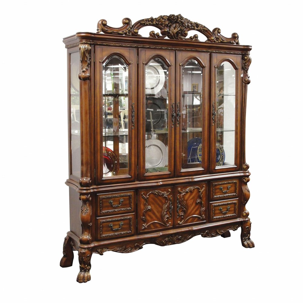 19" X 74" X 89" Cherry Oak Wood Poly Resin Glass Hutch Buffet