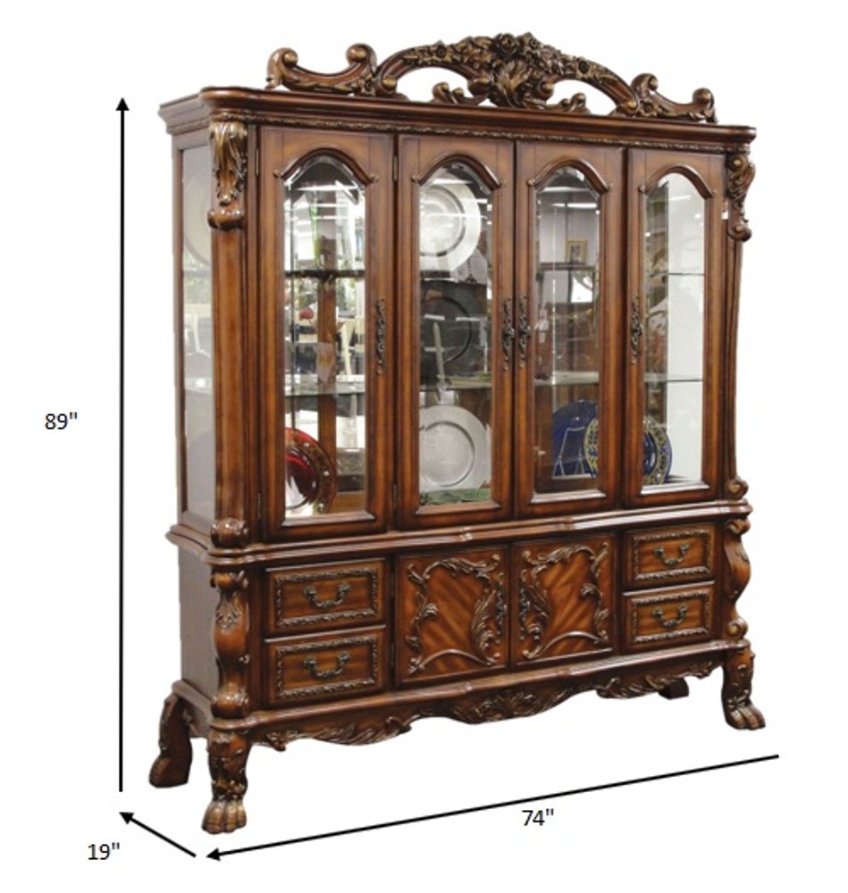 19" X 74" X 89" Cherry Oak Wood Poly Resin Glass Hutch Buffet