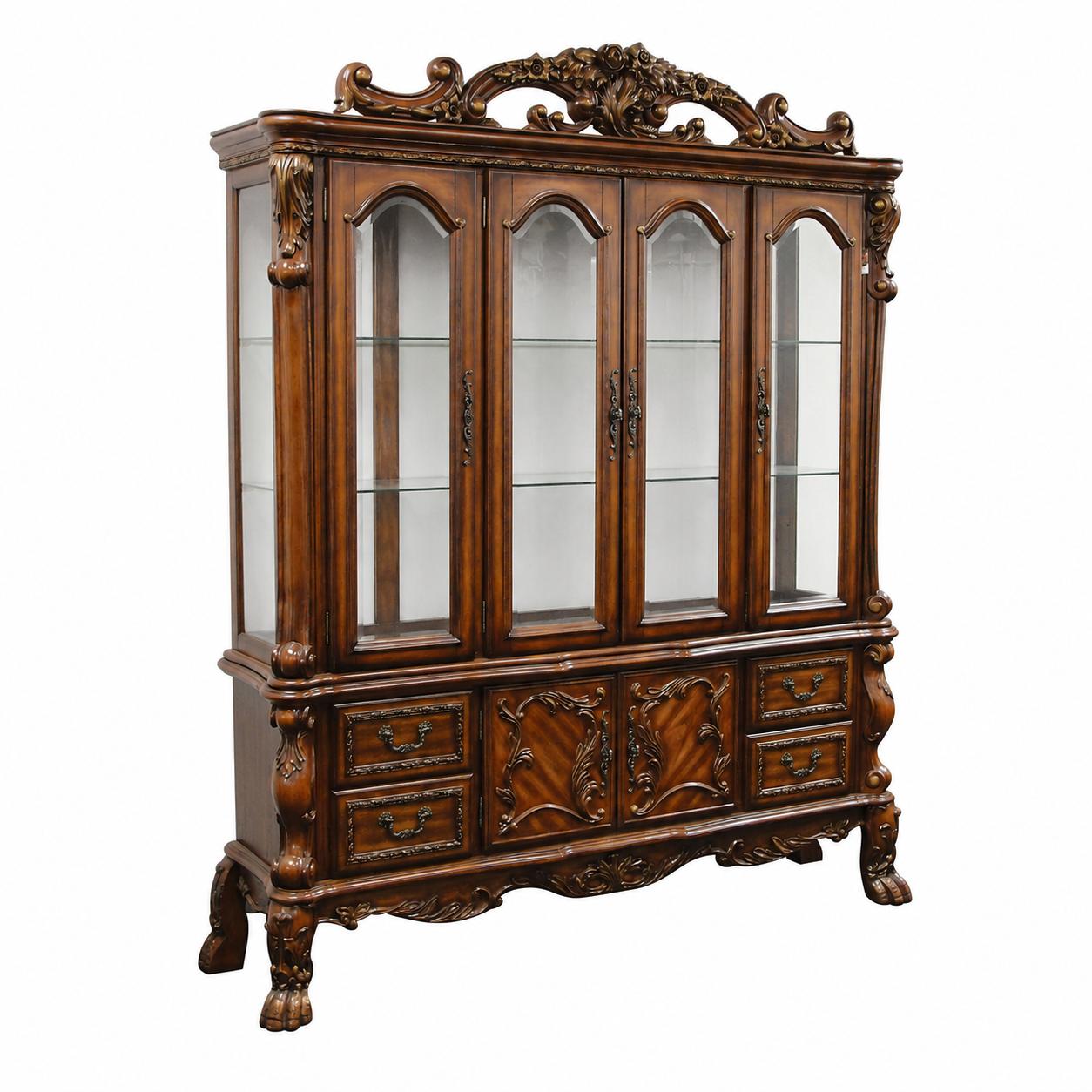 19" X 74" X 89" Cherry Oak Wood Poly Resin Glass Hutch Buffet