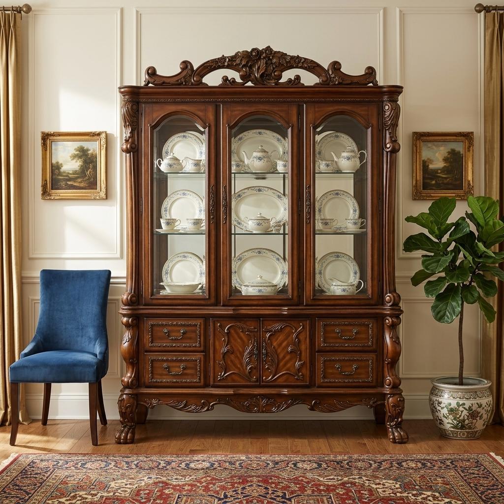 19" X 74" X 89" Cherry Oak Wood Poly Resin Glass Hutch Buffet