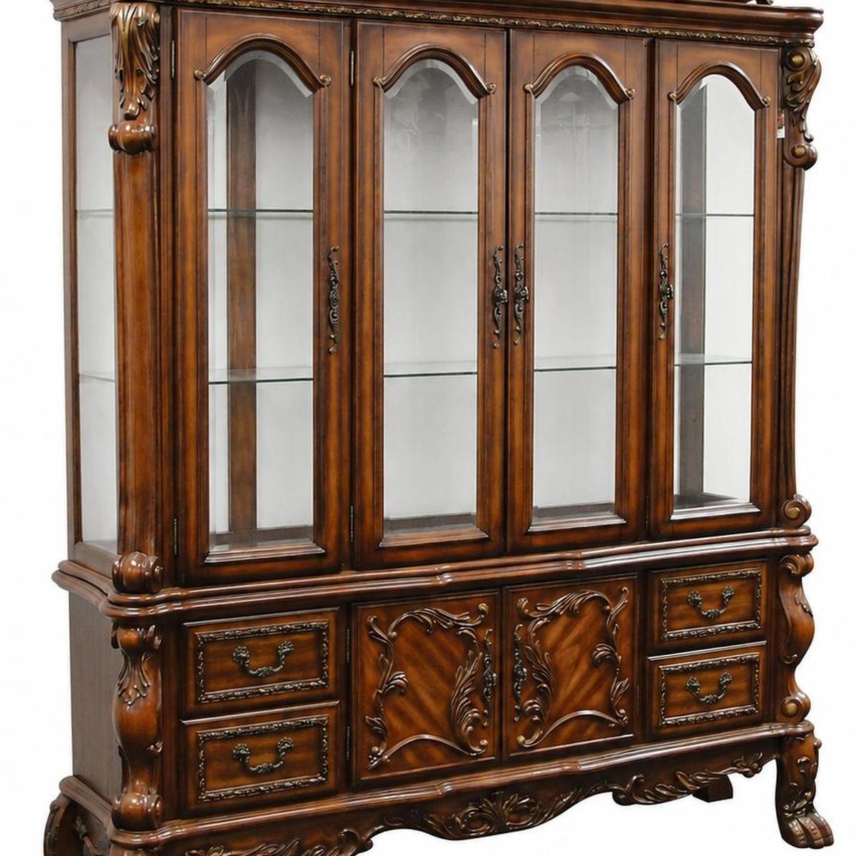 19" X 74" X 89" Cherry Oak Wood Poly Resin Glass Hutch Buffet