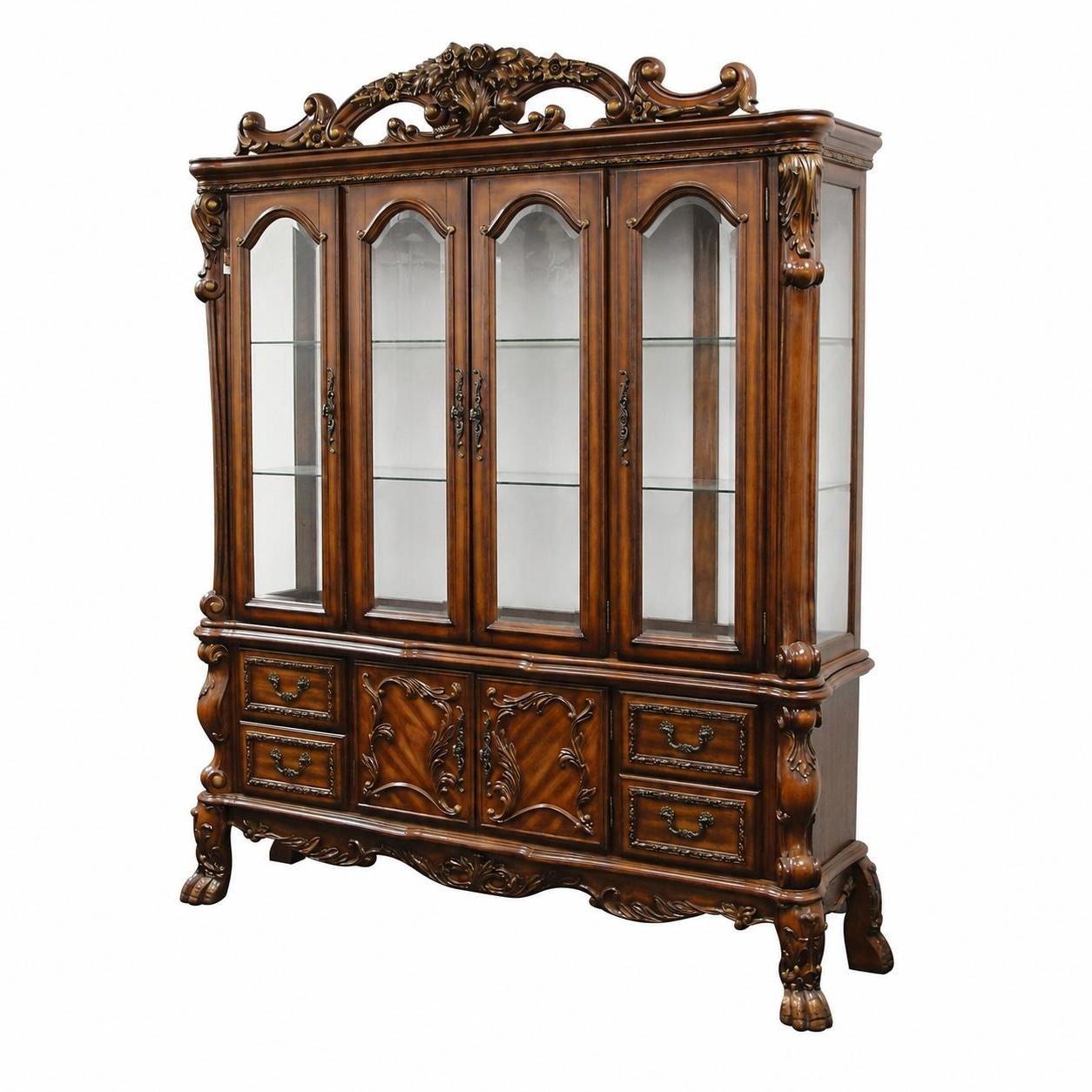 19" X 74" X 89" Cherry Oak Wood Poly Resin Glass Hutch Buffet
