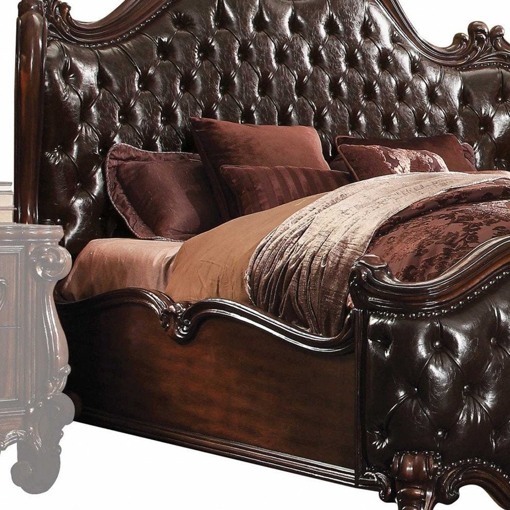 Dark Brown and Espresso Carved Scrollwork Solid Wood And Tufted Faux Leather King Bed Frame With Nailhead Trim