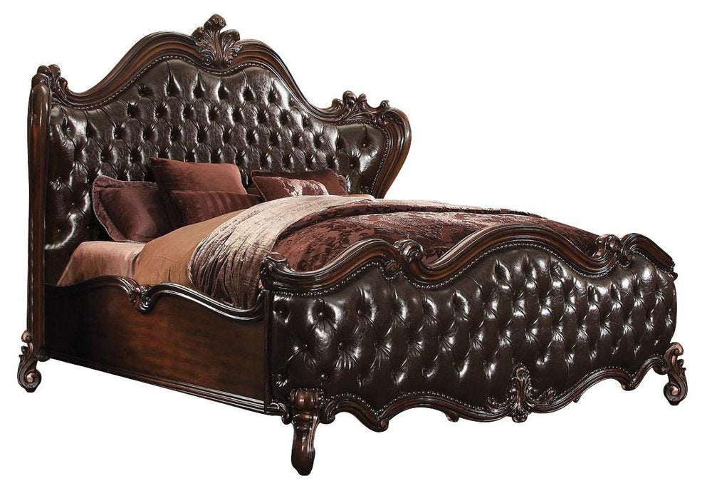 Dark Brown and Espresso Carved Scrollwork Solid Wood And Tufted Faux Leather King Bed Frame With Nailhead Trim