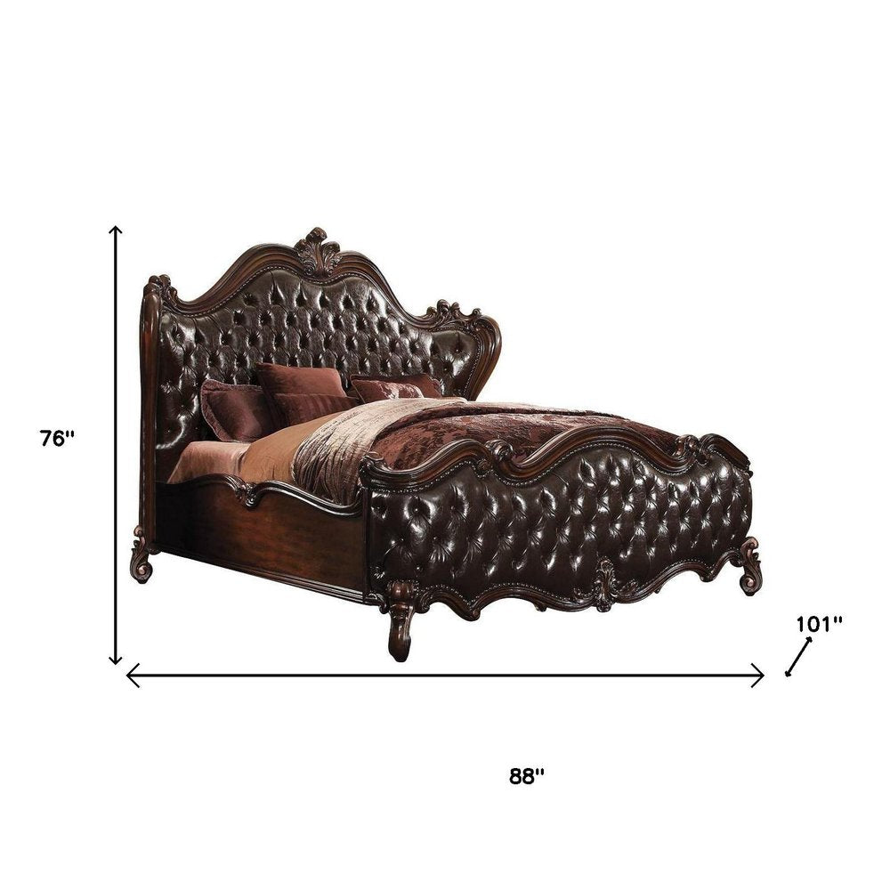 Dark Brown and Espresso Carved Scrollwork Solid Wood And Tufted Faux Leather King Bed Frame With Nailhead Trim