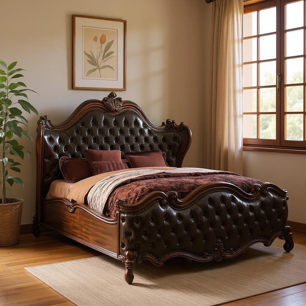 Dark Brown and Espresso Carved Scrollwork Solid Wood And Tufted Faux Leather King Bed Frame With Nailhead Trim