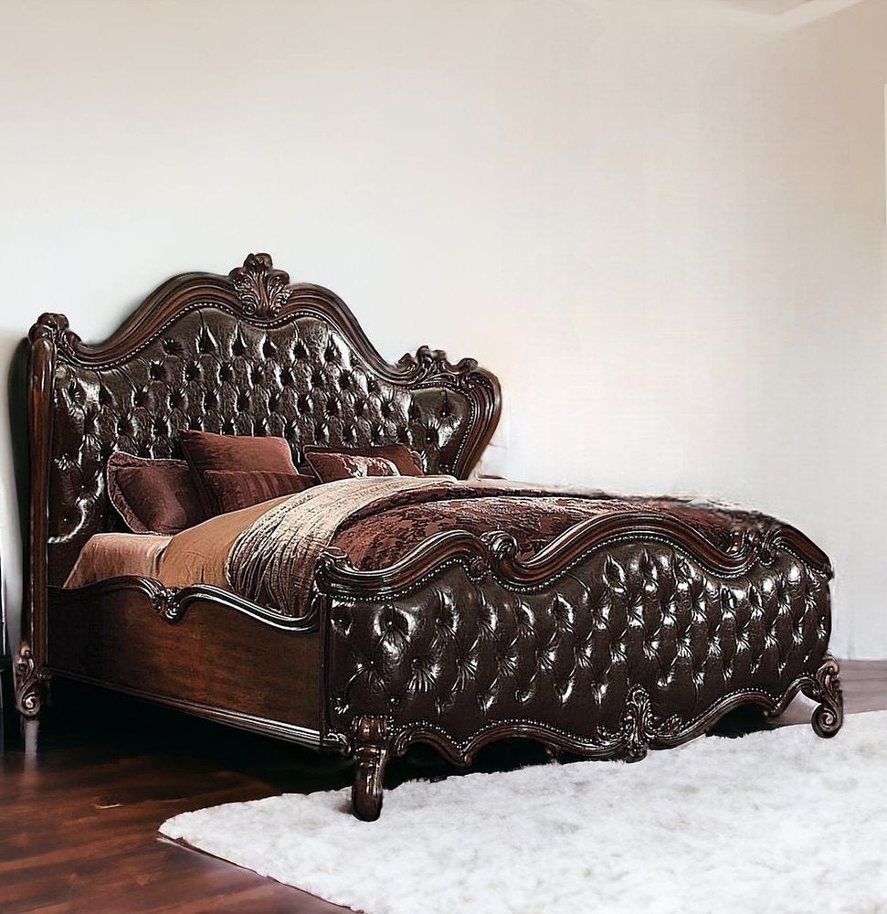 Dark Brown and Espresso Carved Scrollwork Solid Wood And Tufted Faux Leather King Bed Frame With Nailhead Trim