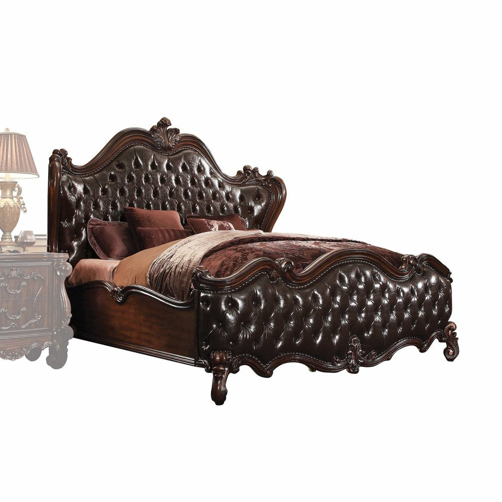 Dark Brown and Espresso Carved Scrollwork Solid Wood And Tufted Faux Leather King Bed Frame With Nailhead Trim