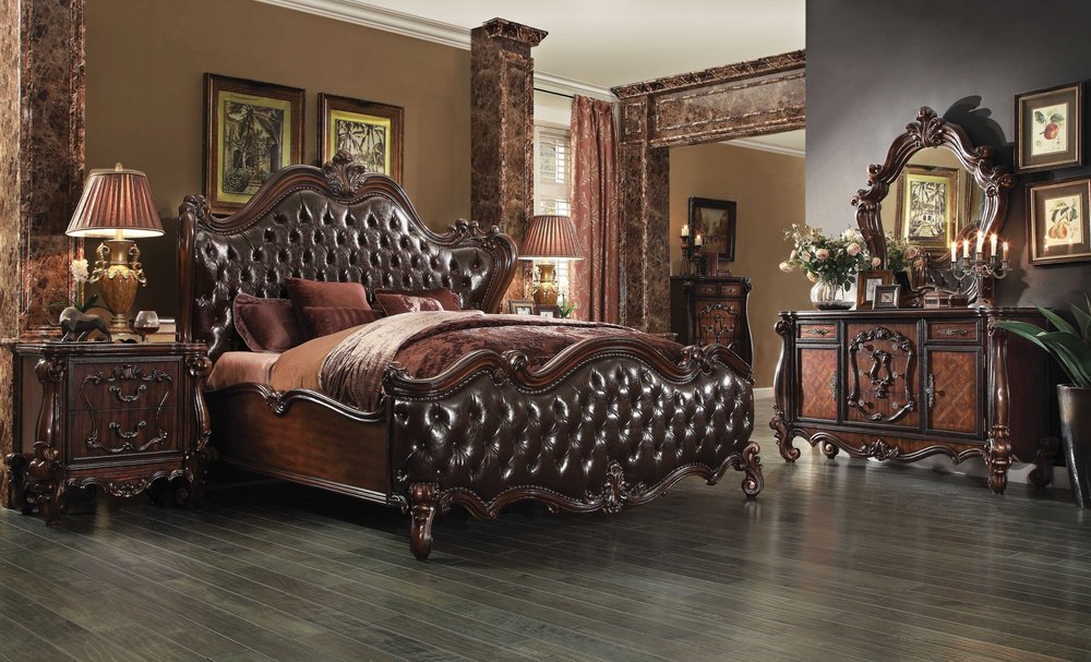 Dark Brown and Espresso Carved Scrollwork Solid Wood And Tufted Faux Leather King Bed Frame With Nailhead Trim