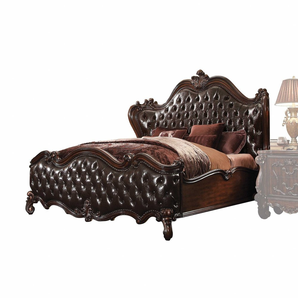 Dark Brown and Espresso Carved Scrollwork Solid Wood And Tufted Faux Leather King Bed Frame With Nailhead Trim