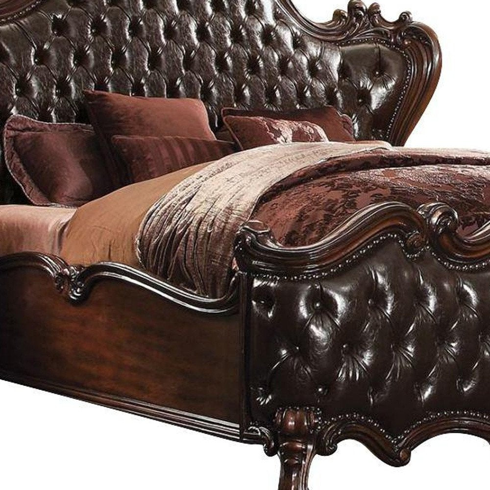 Dark Brown and Espresso Carved Scrollwork Solid Wood And Tufted Faux Leather King Bed Frame With Nailhead Trim
