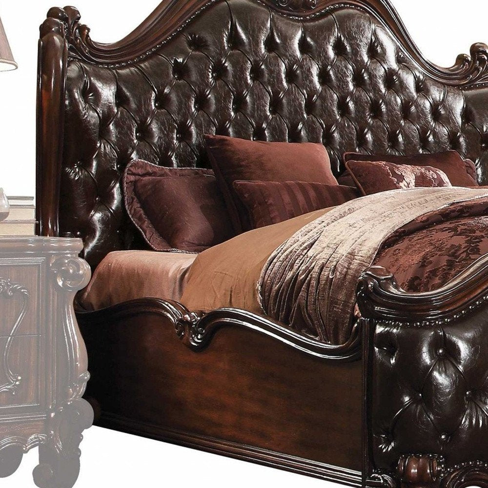 Dark Brown and Espresso Carved Scrollwork Solid Wood And Tufted Faux Leather King Bed Frame With Nailhead Trim