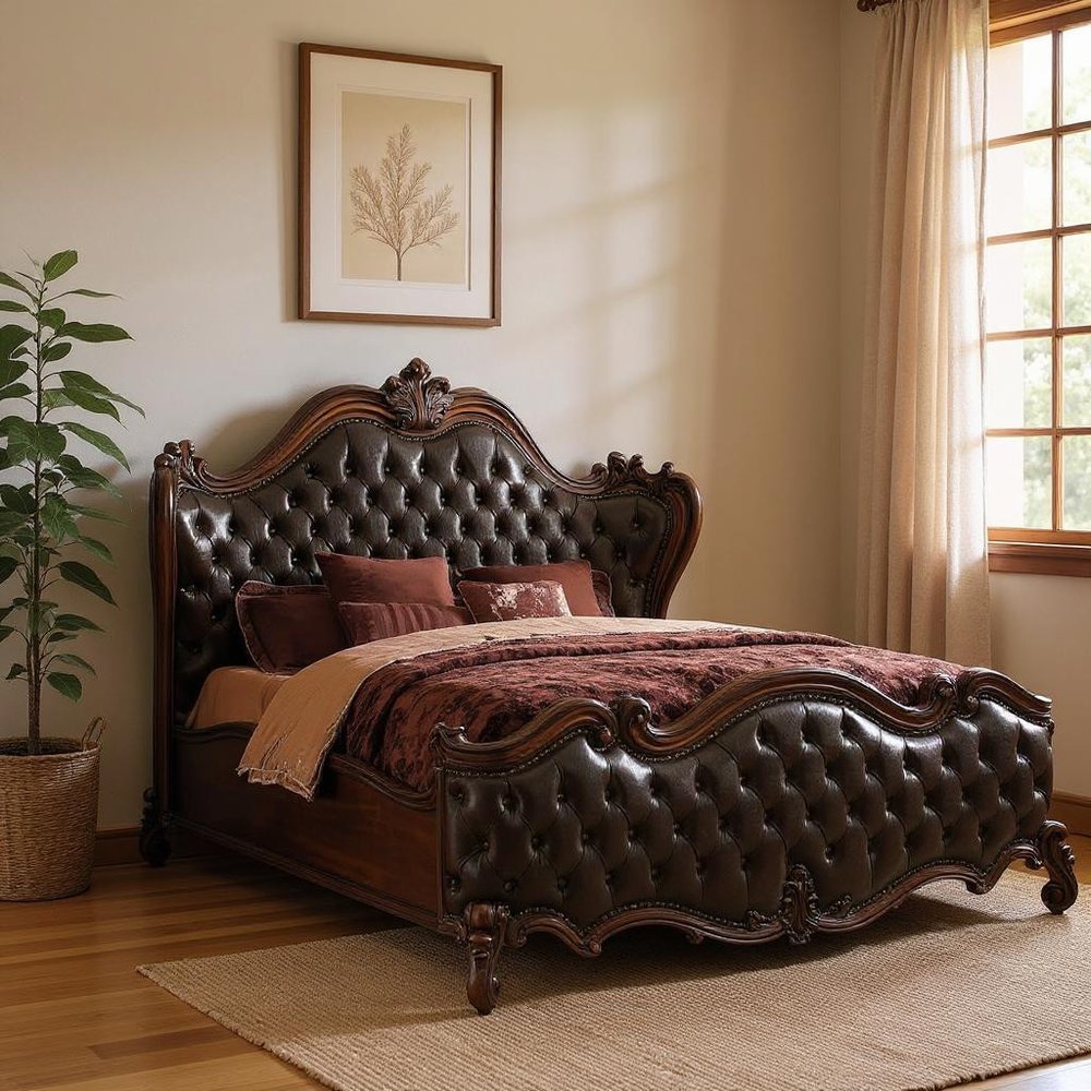 Dark Brown and Espresso Carved Scrollwork Solid Wood And Tufted Faux Leather King Bed Frame With Nailhead Trim
