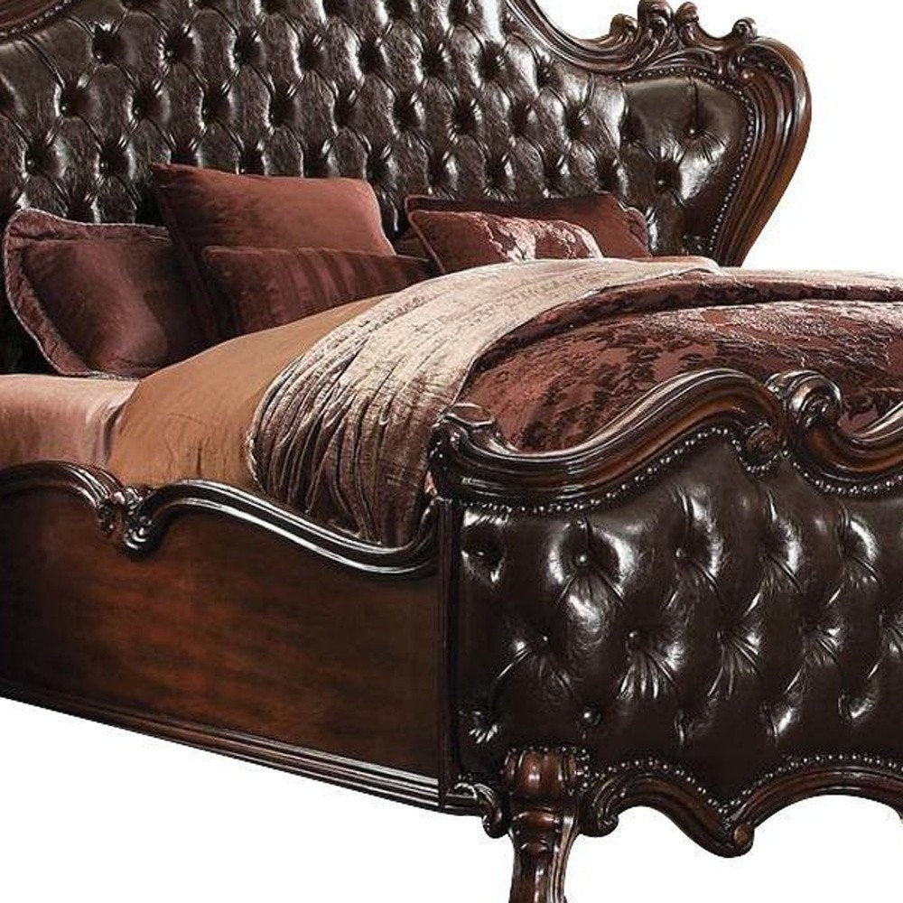Dark Brown and Espresso Carved Scrollwork Solid Wood And Tufted Faux Leather King Bed Frame With Nailhead Trim