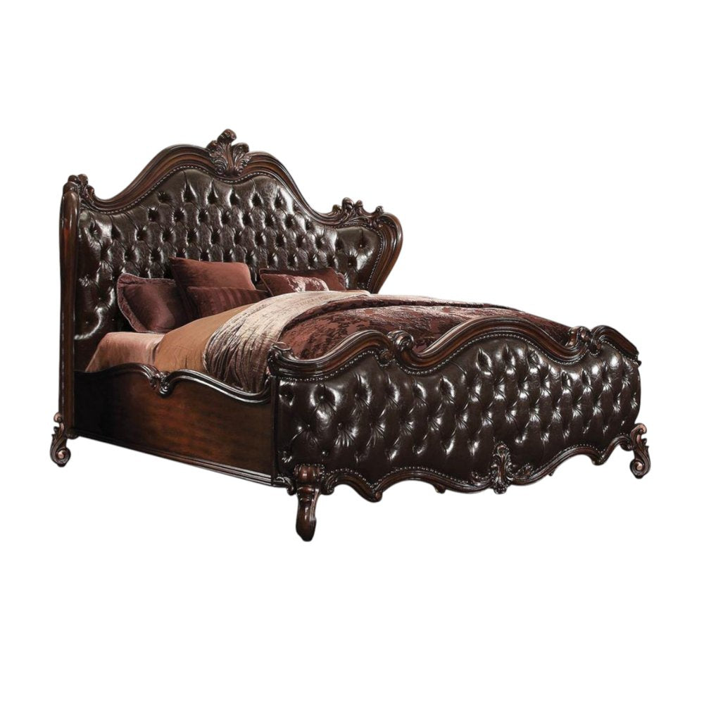 Dark Brown and Espresso Carved Scrollwork Solid Wood And Tufted Faux Leather King Bed Frame With Nailhead Trim