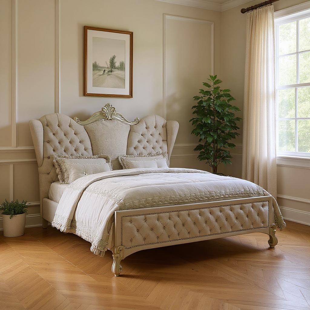 Ivory and White Solid Wood And Tufted Velvet Bed Frame With Nailhead Trim