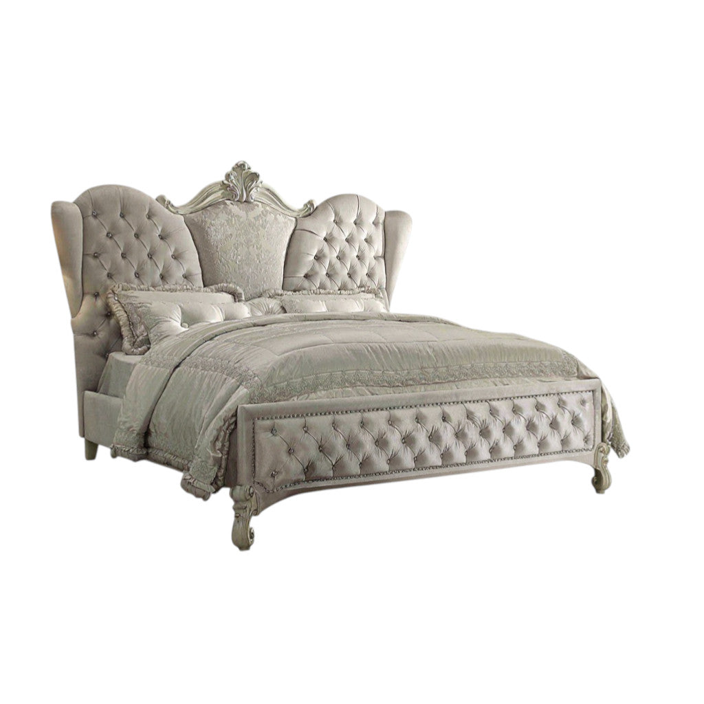 Ivory and White Solid Wood And Tufted Velvet Bed Frame With Nailhead Trim