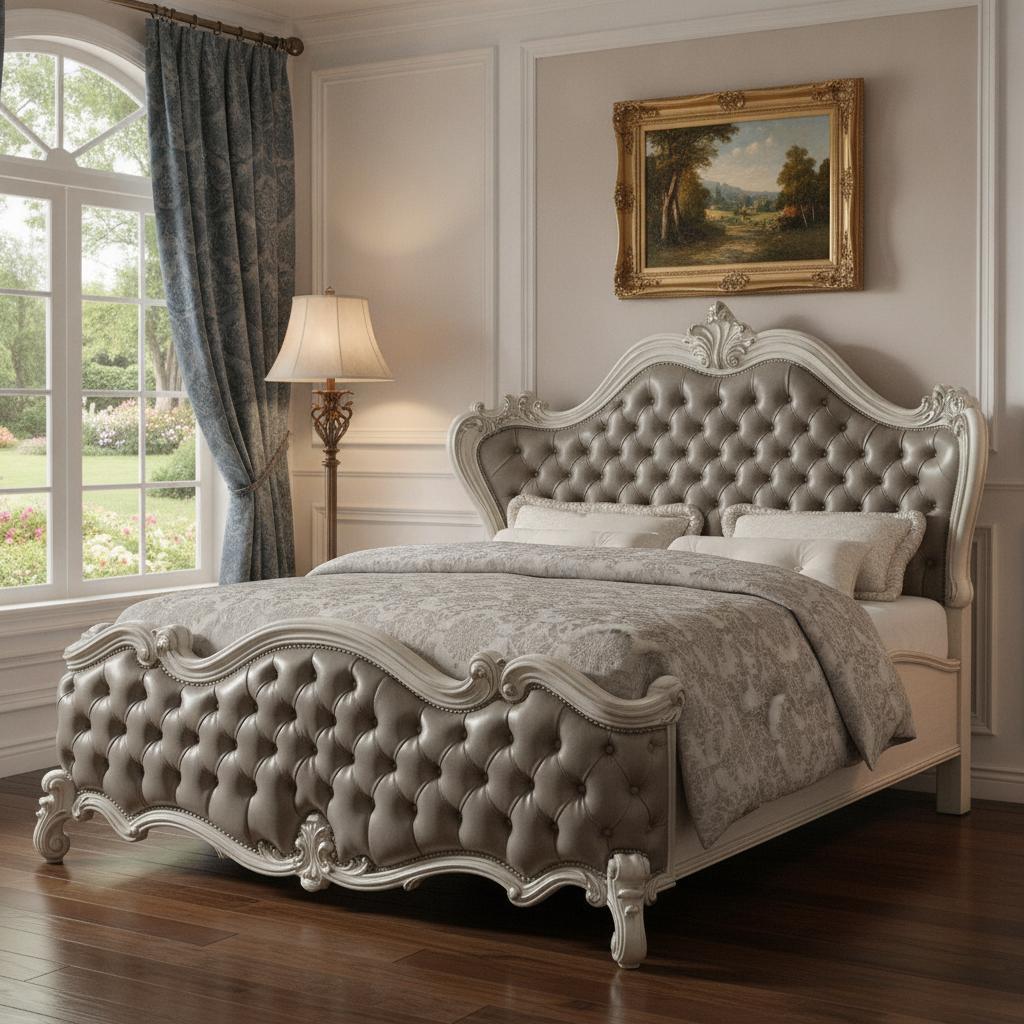 76" X 95" X 73" Vintage Gray Pu Bone White Wood Poly Resin Upholstery Queen Bed