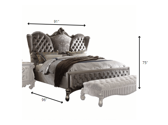 Gray Queen Tufted Upholstered Velvet Bed Frame with Nailhead Trim