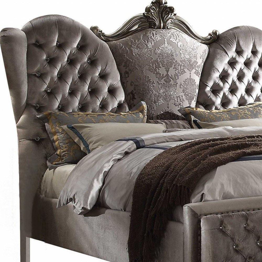 Gray Queen Tufted Upholstered Velvet Bed Frame with Nailhead Trim