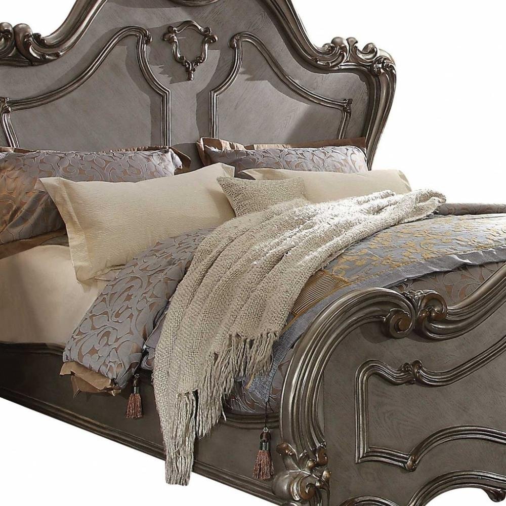 Gray Carved Scrollwork Wood Queen Bed Frame